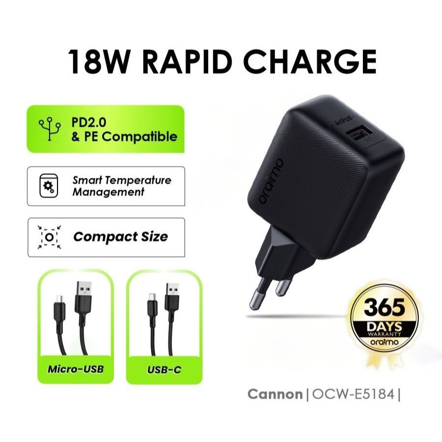 Oraimo Cannon 18S 18W Charger Adapter with Micro USB Cable OCW-5184E+M53